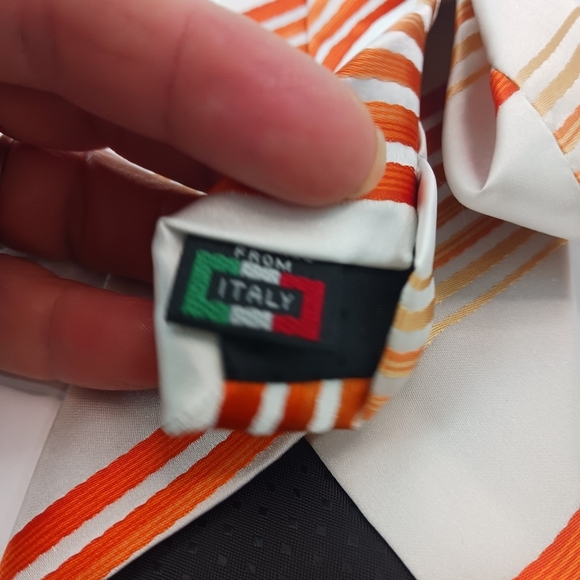 Berlioni Italy Striped Mens Tie & Pocket Square Orange White Set Microfiber 60” - Picture 7 of 10